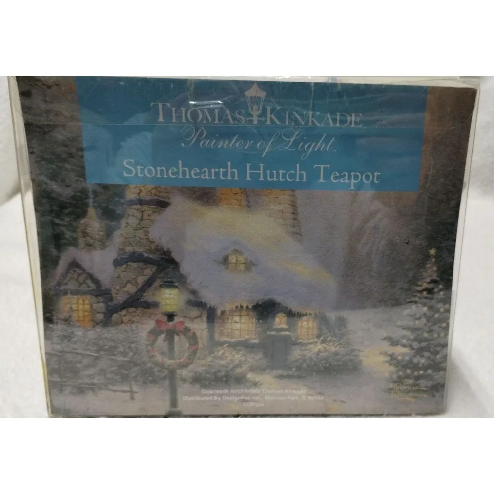 Thomas Kinkade Stone hearth Hutch Teapot Blueberry‎ Tea Gift Set 2006